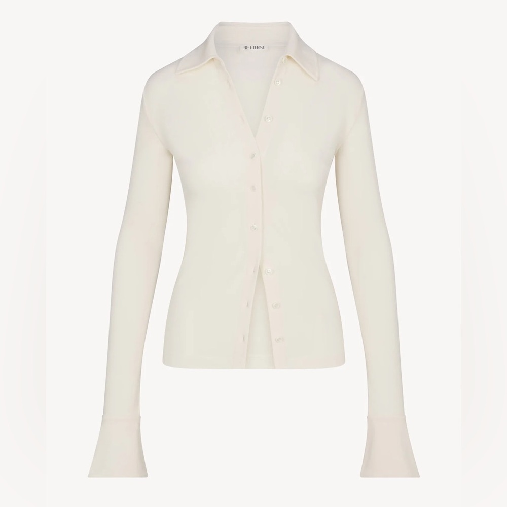 Eterne Charlie Top Matte Jersey Button Down in Ivory - Picture 5 of 14